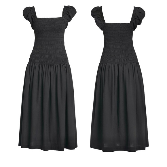 Caroline Constas Women’s Cotton Shirred Bodice Short Puff Sleeve Midi Dress NEW - Picture 15 of 16